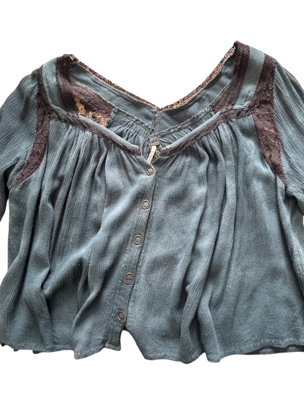 Free People Boho Lace Trim Blouse Blue Button Front Peasant Top Size XS